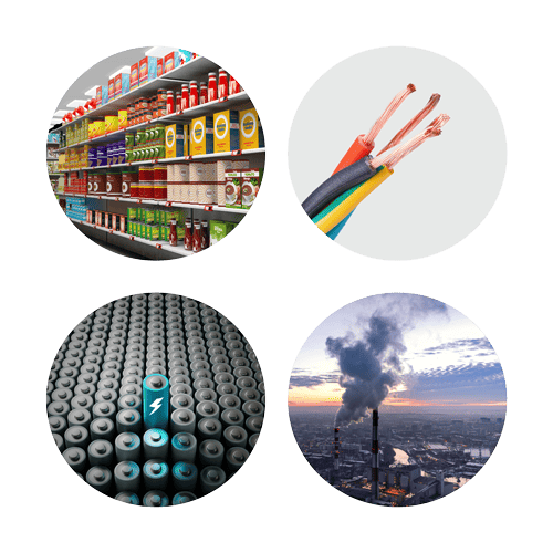 Industry icons- Top left: Food & Drink Storage, Top Right: Electrical Insulation, Bottom Left: Fuel Cells: Ion Exchange, Bottom Right: Carbon Capture & Storage